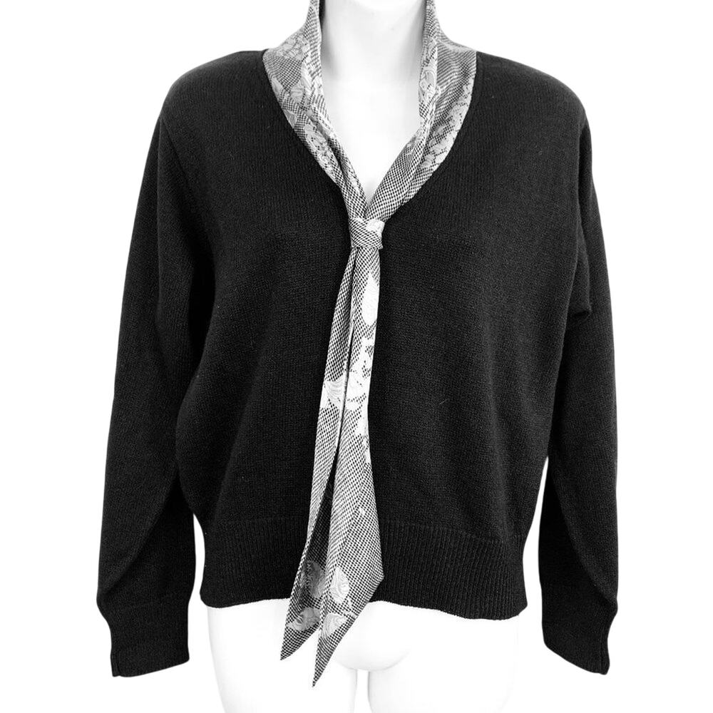 Serbin Vintage Black Knit Long Sleeve Sweater USA Made Silver Scarf Attached  8